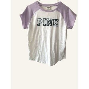 Victoria's Secret PINK White Purple Short Sleeve T-Shirt Black Logo Small NWT